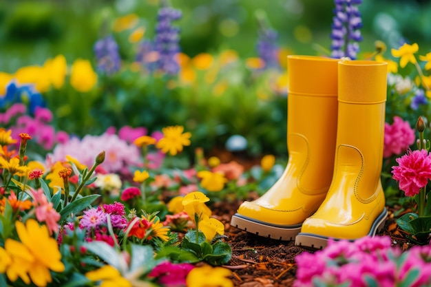 Gele rubberen laarzen in de tuin met bloemen
