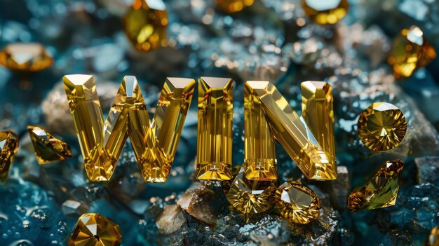 Gele saffier kristal win concept art poster het woord win gemaakt in gestructureerde letters horizontaal
