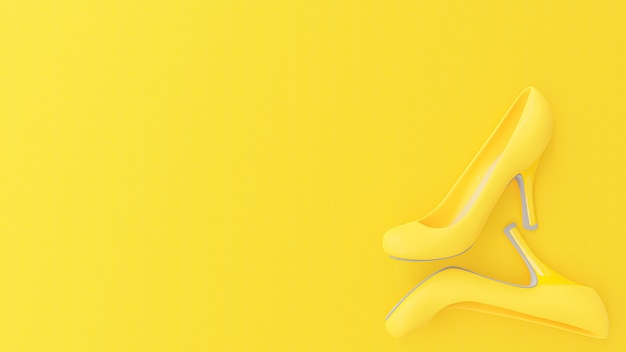 Gele schoenen met hoge hakken op de gele achtergrond van de stoftextuur. minimaal idee concept, 3D Render.