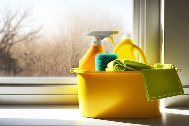 Gele schoonmaakemmer met schoonmaakmiddelen en handschoenen staat op tafel bij het raam