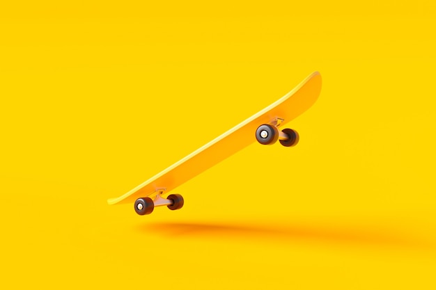 Gele skateboard of schaatsen surfplank op levendige kleurenachtergrond met extreme levensstijl. 3D-weergave.