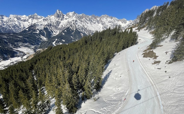 Gele skiliftcabines met sneeuw en bomen onder de blauwe zonnige hemel boven de skihellingen bij wintersportbergen