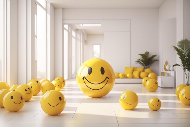 Gele smileybal in wit kamerinterieur in 3d-rendering