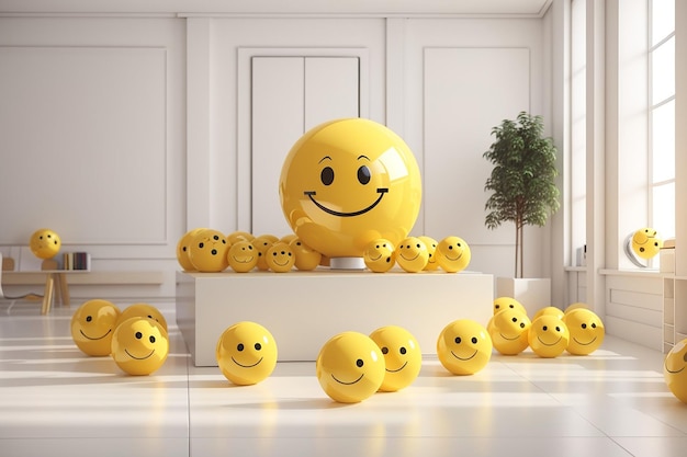 Gele smileybal in wit kamerinterieur in 3d-rendering