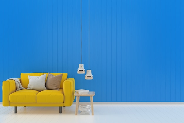 Gele sofa blauwe pastel muur witte houten vloer achtergrond textuur boek lamp