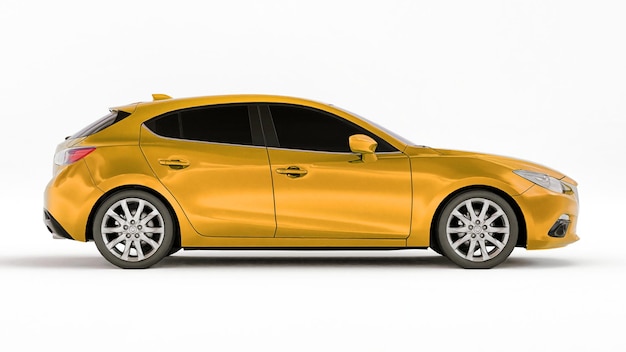 Gele stadsauto met blanco oppervlak voor uw creatieve ontwerp. 3D-weergave.