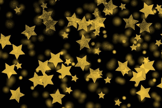 Gele sterren bokeh textuur op zwarte achtergrond Sjabloon met sterren bokeh voor uw projecten