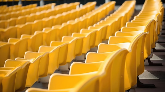 Gele stoelen in een stadion, met het woord "b" bovenaan.