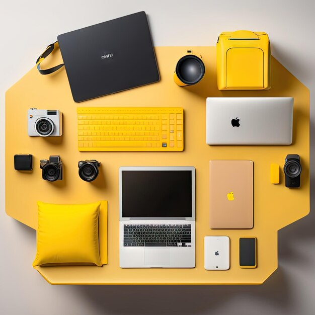 Gele tafel van een creatieve ontwerper of fotograaf met laptop-tabletcamera's