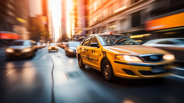Foto gele taxi op een regenachtige stadsstraat