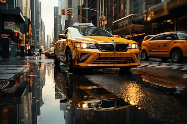 Gele taxi rijdt door Times Square in New York NY USAxAxA