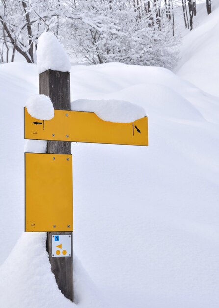 Gele tekenpost in de sneeuw