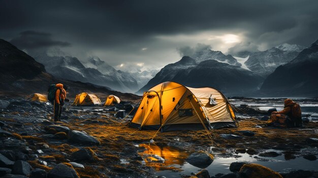 gele tenten in donkere hemel Prachtig landschap