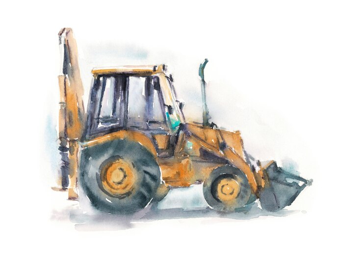 Foto gele tractor graafmachine geschilderd in aquarel
