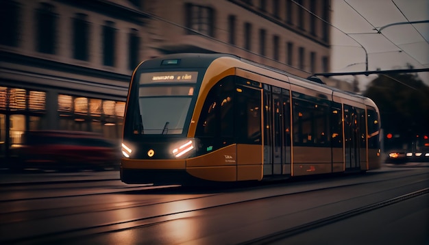 Gele tram met bewegingsonscherpte-effect beweegt snel in de stad Hogesnelheidspassagierstrein in beweging op de spoorweg