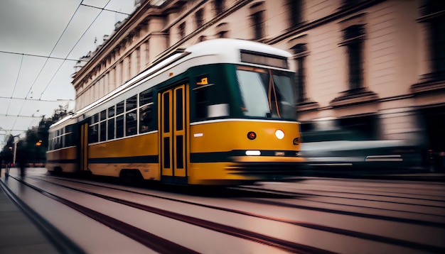 Gele tram met bewegingsonscherpte-effect beweegt snel in de stad Hogesnelheidspassagierstrein in beweging op de spoorweg