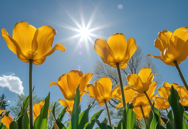 Gele tulpen die onder de schitterende zon bloeien, brengen de essentie van de schoonheid en vernieuwing van de lente over.