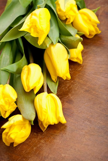 Gele tulpen heldere Lentebloemen op houten achtergrond