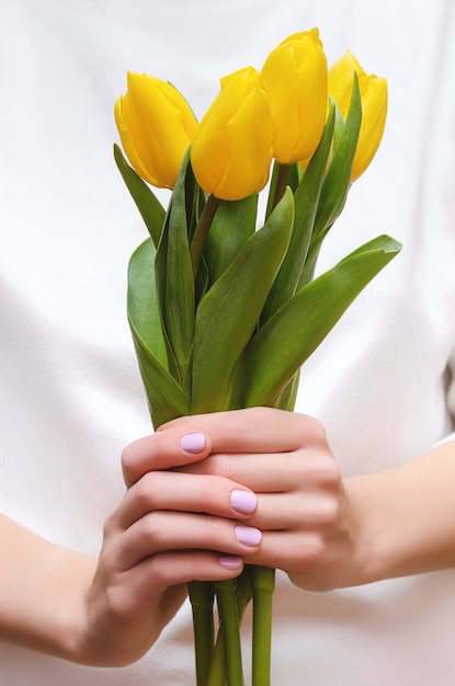 Gele tulpen in vrouwelijke hand met roze nagels.