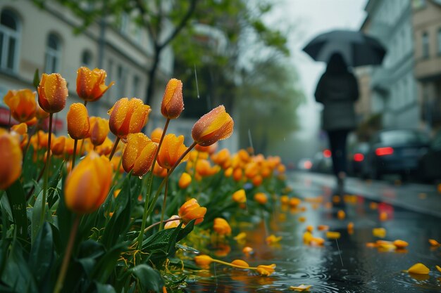 Gele tulpen langs de stadsweg onder de regen