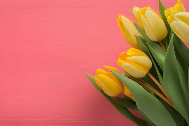 gele tulpen op een roze achtergrond