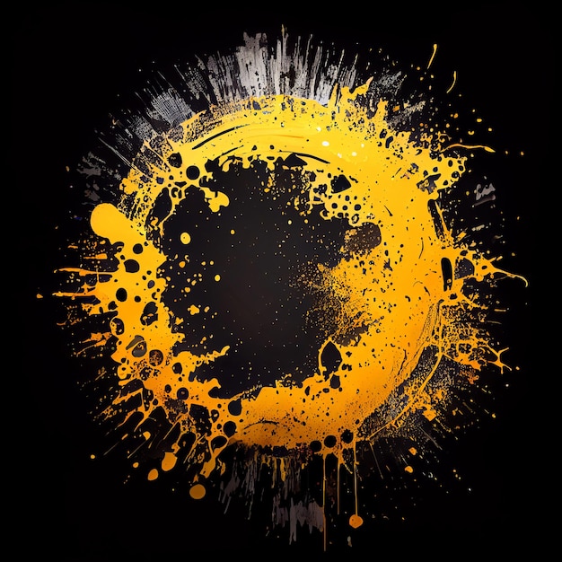 Gele verf cirkel splash geïsoleerd op zwarte achtergrond gele kleur acryl vlekken abstracte spatten