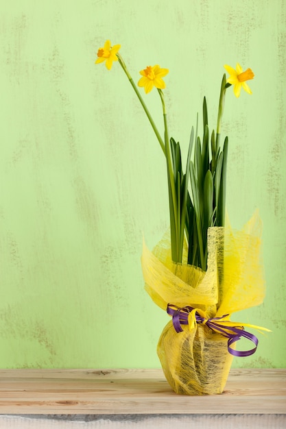 Gele verfraaide gele narcisbloemen op groene, houten achtergrond, close-up