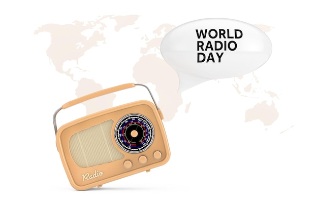 Gele Vintage Radio met wereldkaart witte tekstballon en World Radio Day teken op een witte achtergrond 3D-Rendering