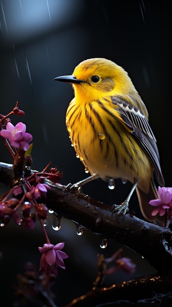 Gele vogel op een tak met roze bloemen in de regen generatieve ai