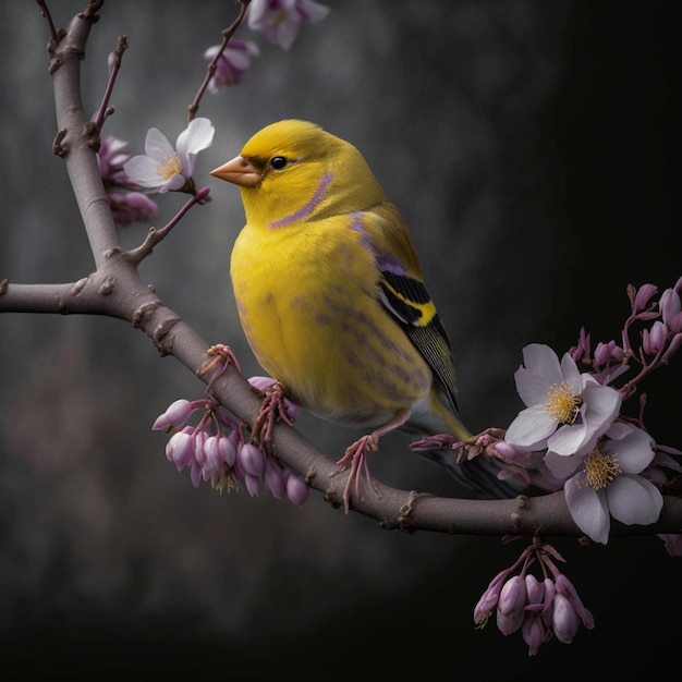 gele vogel zat op een tak met roze bloemen op de achtergrond generatieve ai