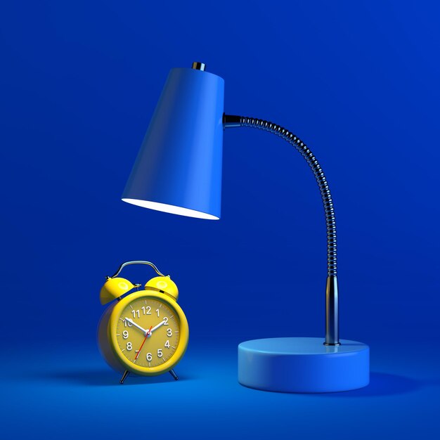 Gele wekker onder blauwe moderne bureaulamp op een blauwe achtergrond. 3d-rendering