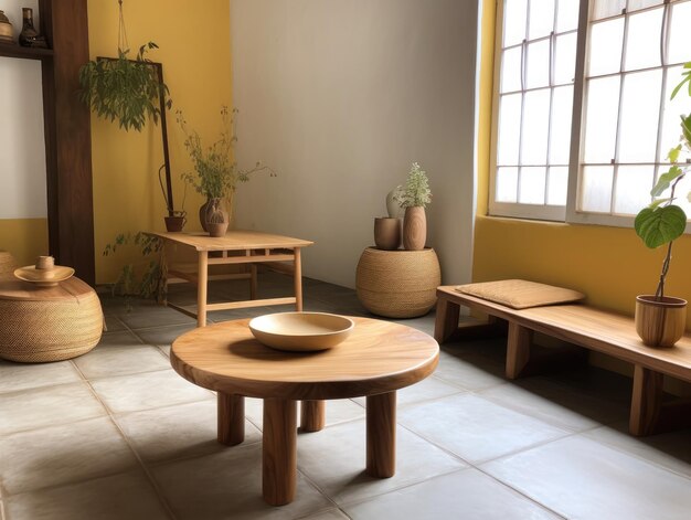 Foto gele woonkamer in japanse stijl met houten decoratie generatieve ai