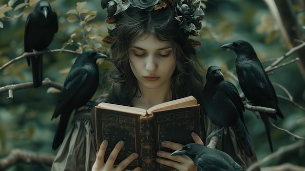 Geleerde Raven In een betoverd bosje een jonge vrouw versierd met een bloemen en gevederde hoofdstuk verliezen