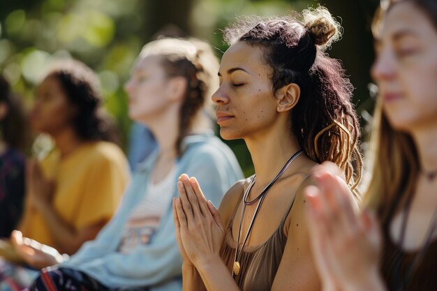 Foto geleide meditatie met instructeur in een vreedzame buitenomgeving