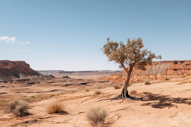 Geleidelijk verwelkende uitgestrekte enkele boom die worstelt met een barre, droge omgeving Generatieve AI