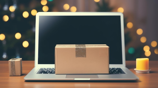 Foto geleverd pakket doos op tafel met laptop wazig thuis achtergrond kerst online winkelen zwart