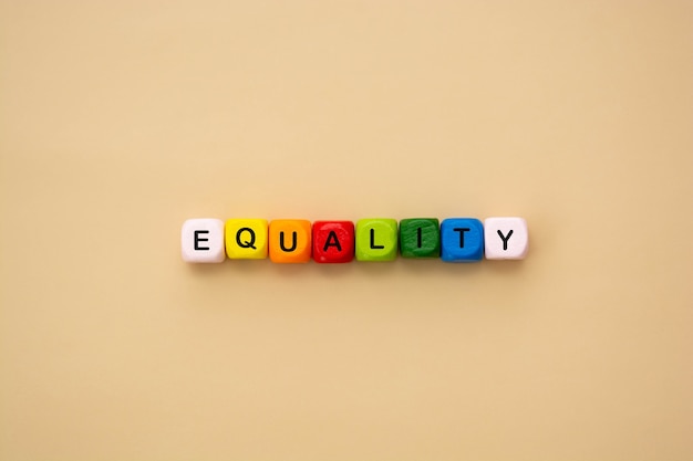 Gelijkheid word-tekst gemaakt van kleurrijke houten kubussen. Inclusief en tolerantie sociaal concept, bovenaanzicht