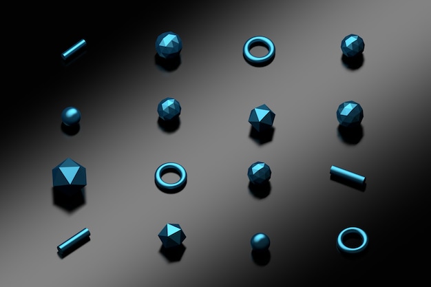 Gelijkmatig verdeelde poligale primitieve vormen met een metallic blauwe textuur die op het donkere zwarte reflecterende oppervlak ligt.