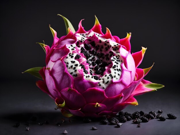 Foto gelijkmatig verlichte, geopende pitaya- of drakenfruit met wit vruchtvlees en levendig paars