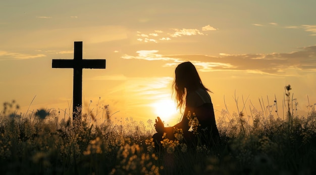 Foto gelovige christenen bidden voor het kruis bij een dramatische zonsondergang met een prachtige hemel