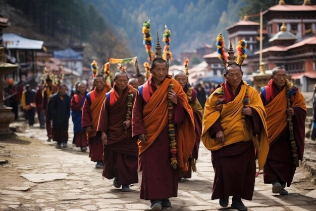 Gelug monniken vieren het Mani Rimdu Festival in Tengboche Nepal