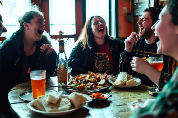 Foto geluk boven hartelijke pubmaaltijden en gelach