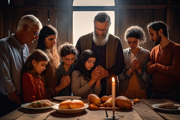 geluk multi generatie samen eten familie handen vasthouden en bidden op thanksgiving