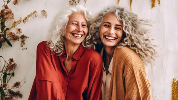 Geluk vrouwen portret grootmoeder vrouwen horizontaal glimlachende vrolijke dochter vriendschap lachen Generatieve AI