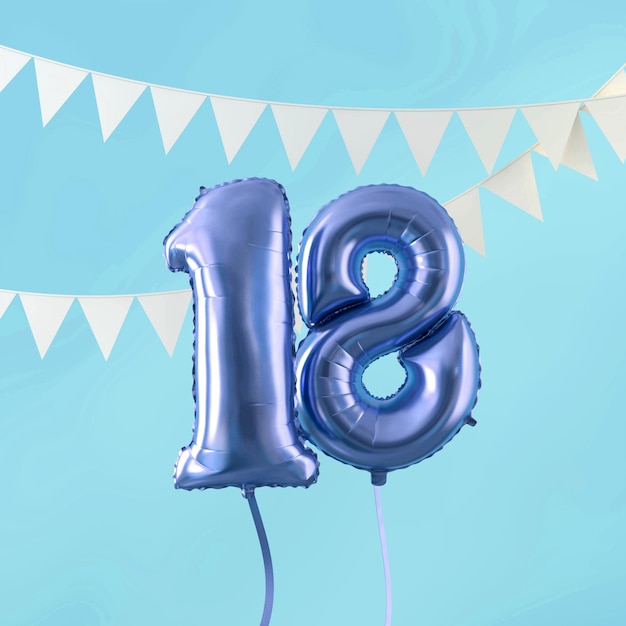 Gelukkig 18e verjaardagsfeestje blauwe ballon en gors 3D Render