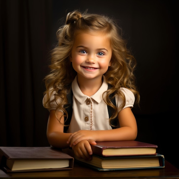 gelukkig 4-jarig meisje glimlachend staan en legt haar hand op de boeken