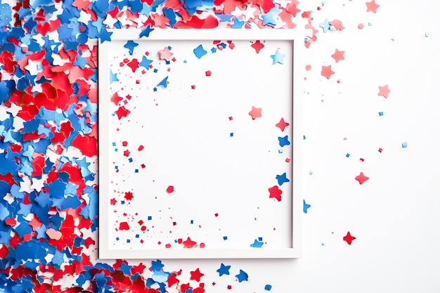 Gelukkig 4 juli Onafhankelijkheidsdag wenskaart horizontale banner Gelukkig vierde juli concept Amerikaanse vlaggen linten en confetti ster op blauwe achtergrond AI gegenereerd