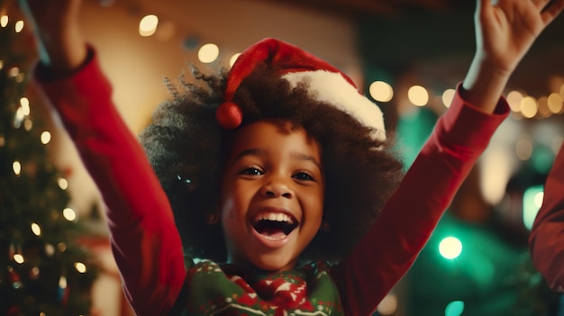 Gelukkig afro-amerikaans kind dat zich vermaakt in de buitenlucht tijdens de kerstvakantie