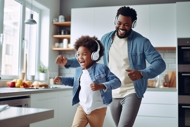 Gelukkig Afro-Amerikaanse familie vader en zoontje dansen op een keuken Generatieve AI
