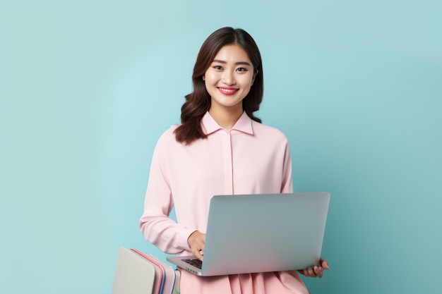 Gelukkig Aziatische vrouw glimlacht tijdens het gebruik van Laptop op zachte pastelachtergrond